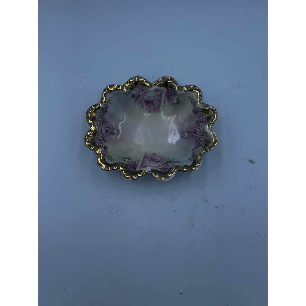 Vintage Scalloped Porcelain Trinket Dish Gold Trim Purple Rose Floral Bowl